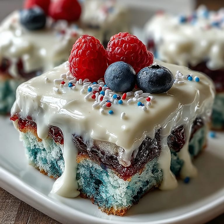 Decadent Patriotic Poke Cake, a summer dessert perfect for Memorial Day picnics.