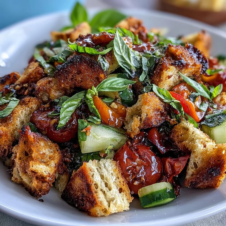 A rustic bowl of Summer Panzanella with a tangy vinaigrette, perfect for lunch.