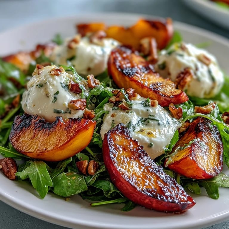 Grilled peach and burrata salad with honey, featuring fresh arugula and crunchy pistachios.