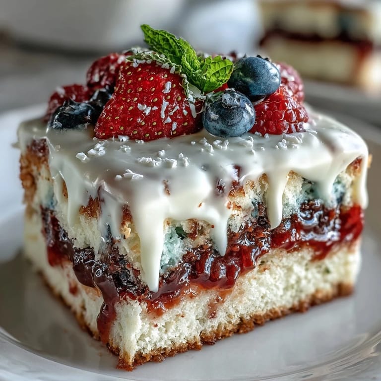 Vibrant Patriotic Poke Cake layered with juicy gelatin and smooth ganache topping.