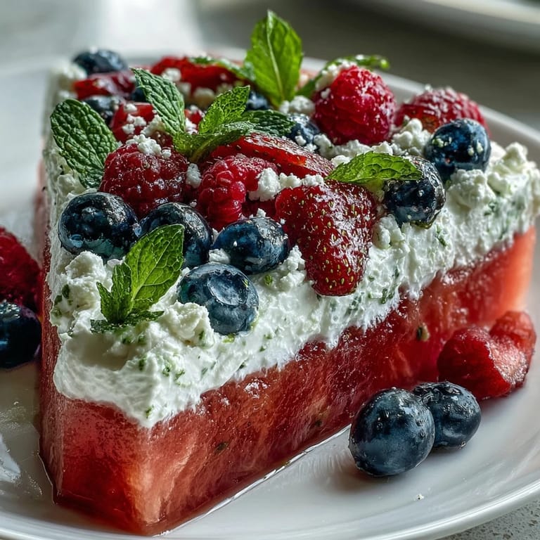 Juicy watermelon pizza, adorned with fresh berries and fluffy cream, ready for summer.
