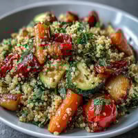 Fluffy quinoa vegetable pilaf with roasted colorful vegetables, perfect for a healthy meal.
