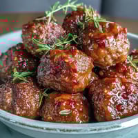 Slow Cooker Peach Glazed Meatballs glistening in a sweet and tangy glaze, served hot from the slow cooker.  