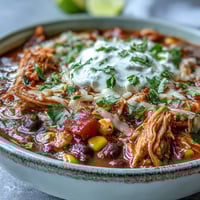 A bowl of Instant Pot Chicken Tortilla Soup garnished with avocado, cilantro, and crispy tortilla strips.