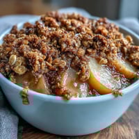 Fresh, ripe pears are baked with warm cinnamon inside a golden, buttery crumble topping, bubbling in a dish.