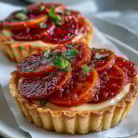 Freshly baked Blood Orange Tarts with crisp, golden pastry shells filled with smooth vanilla custard and topped with juicy blood orange slices.
