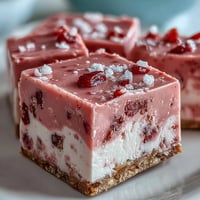Freshly cut No-Bake Strawberry Fudge Squares on a graham cracker crust with creamy pink filling and fresh strawberry garnish.
