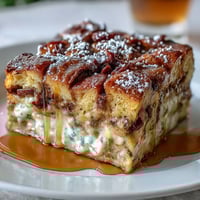 Golden-brown Monte Cristo Breakfast Casserole fresh from the oven, dusted with powdered sugar and ready to slice.