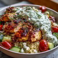 Freshly grilled lemon-herb chicken breast slices fanned over fluffy quinoa, topped with crisp cucumber, cherry tomatoes, and creamy tzatziki sauce for a vibrant Greek Chicken Power Bowl.
