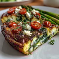 Healthy Easy Spring Veggie Frittata with fresh asparagus, spinach, and feta, baked until golden and fluffy for a vibrant breakfast or brunch.