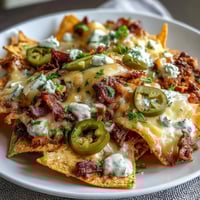 Crispy tortilla chips loaded with seasoned beef, gooey cheese sauce, and zesty jalapeños—perfect for game day snacking.