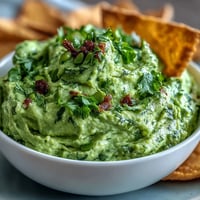 Fresh edamame guacamole with creamy avocado and cilantro served with crispy baked pita chips for a healthy snack.  