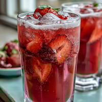 A vibrant pink drink with fresh strawberry slices and açaí swirls in creamy coconut milk, served over ice for a refreshing summer treat.