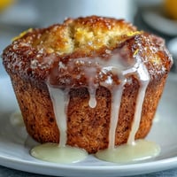 Fresh lemon poppy seed muffins with a glossy lemon glaze, perfect for a bright spring brunch table.