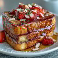 A golden, custardy strawberry French toast bake with juicy berries and toasted almonds, perfect for a spring brunch centerpiece.