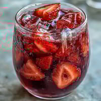 Vibrant homemade Starbucks strawberry açaí refresher with fresh strawberries and açaí powder in a clear glass.