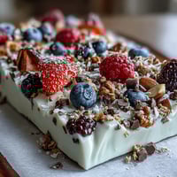 Frozen yogurt bark with berries and granola, a colorful and refreshing summer treat, perfect for a healthy snack or dessert.