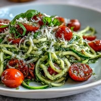 Fresh zucchini noodles tossed with basil pesto and juicy cherry tomatoes, a vibrant vegetarian dish perfect for summer.  