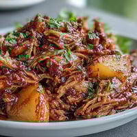 Honey peach BBQ pulled pork in a slow cooker, topped with juicy peaches and drizzled with sweet honey glaze.