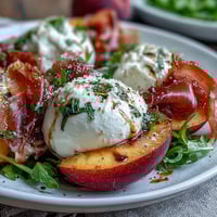 Creamy burrata, sweet peaches, and salty prosciutto on a bed of arugula, drizzled with balsamic glaze.  