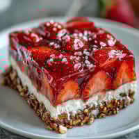 Vibrant Memorial Day Strawberry Pretzel Salad with creamy cheesecake, fresh strawberries, and a sweet-salty pretzel crust in a clear glass dish.