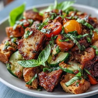 Vibrant Summer Panzanella with grilled bread, showcasing colorful tomatoes and fresh basil.