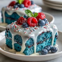 Festive Patriotic Poke Cake with creamy white chocolate ganache, ready for celebrations.